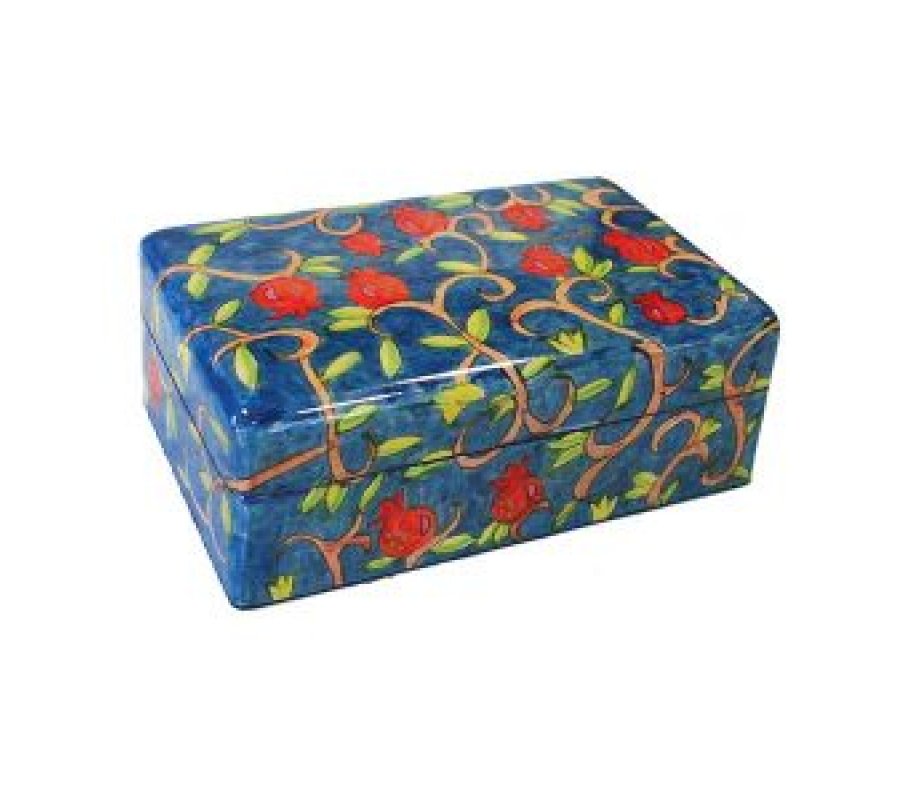 Hand Painted Wood Jewelry Box, Red Pomegranates on Blue - Yair Emanuel
