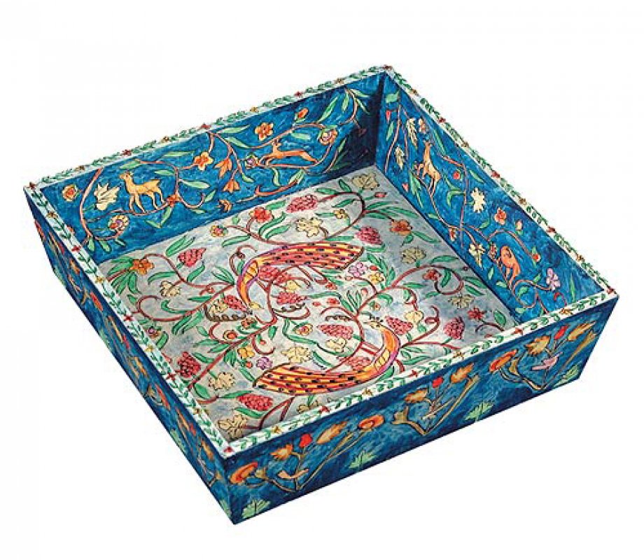 Hand Painted Wood Matzah Tray, Peacocks & Forest Scenes - Yair Emanuel