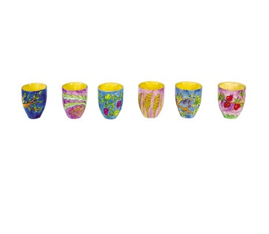 Hand Painted Wood Small Kiddush Cups Set, 6 Cups - 7 Species, Yair Emanuel