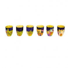 Hand Painted Wood Small Kiddush Cups Set, 6 Cups - Jerusalem, Yair Emanuel