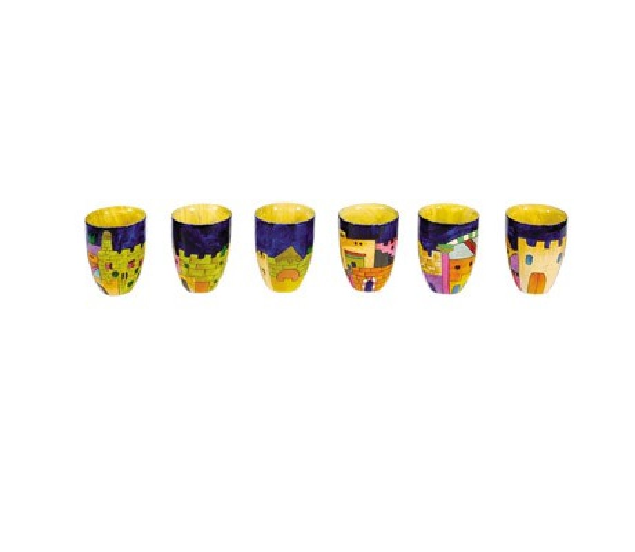Hand Painted Wood Small Kiddush Cups Set, 6 Cups - Jerusalem, Yair Emanuel