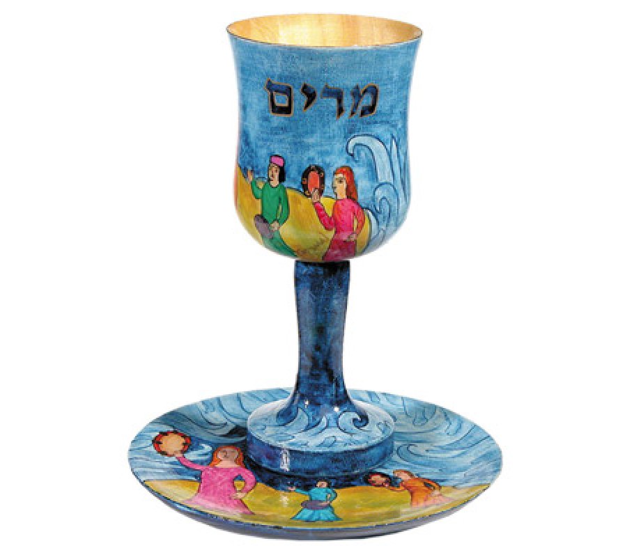 Hand Painted Wood Stem Cup Set, Prophetess Miriam at Red Sea, Colorful - Yair Emanuel