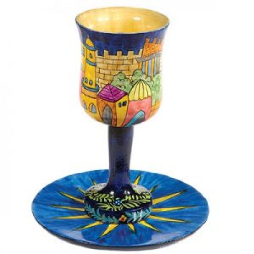 Hand Painted Wood Stem Kiddush Cup and Plate, Jerusalem Views - Yair Emanuel