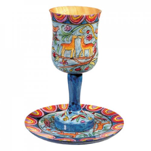 Hand Painted Wood Stem Kiddush Cup and Saucer, Oriental Forest - Yair Emanuel