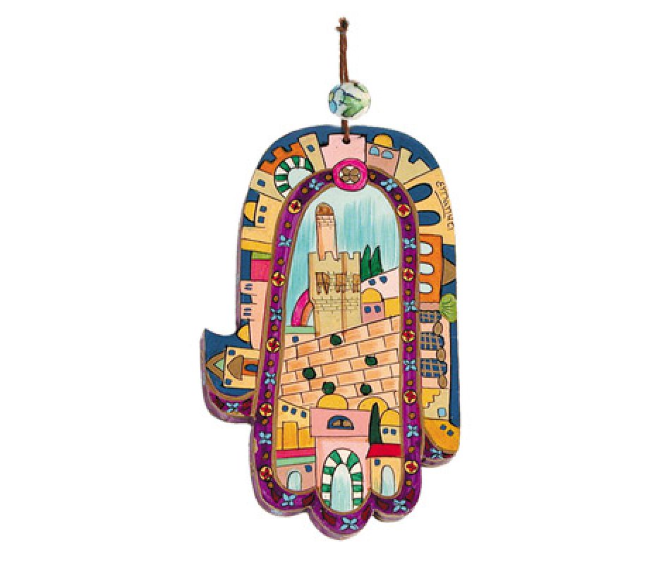 Hand Painted Wood Wall Hamsa, Colorful Jerusalem - Yair Emanuel