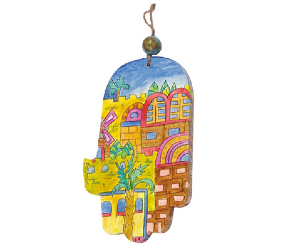 Hand Painted Wood Wall Hamsa, Gold Jerusalem Images - Yair Emanuel