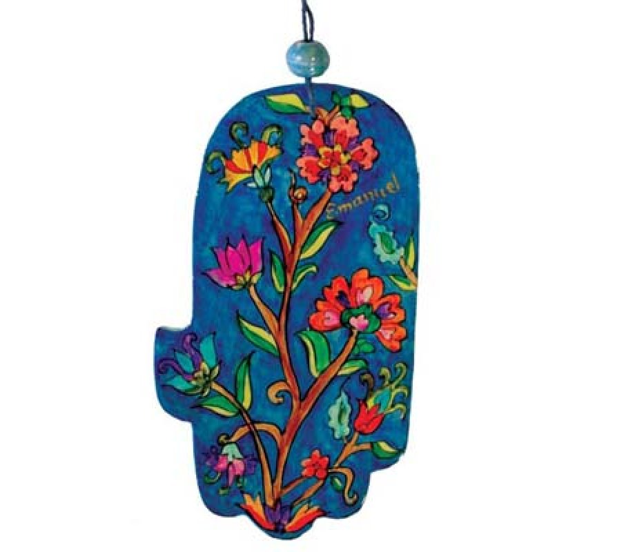 Hand Painted Wood Wall Hamsa, Red and Blue Flowers - Yair Emanuel