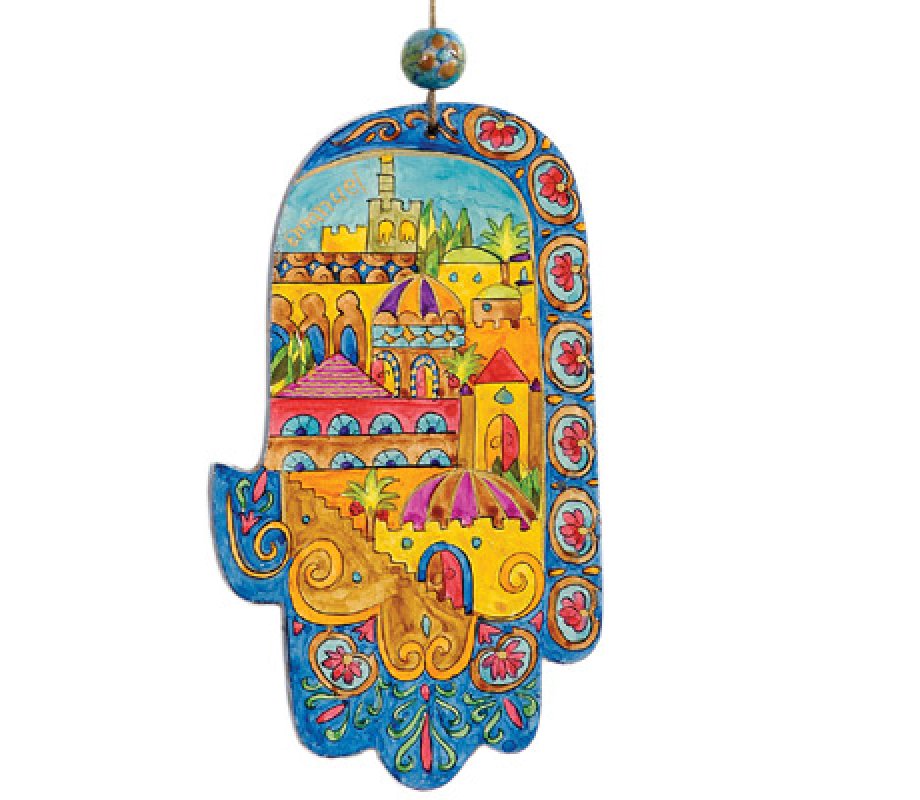 Hand Painted Wood Wall Hamsa Small, Golden Jerusalem - Yair Emanuel