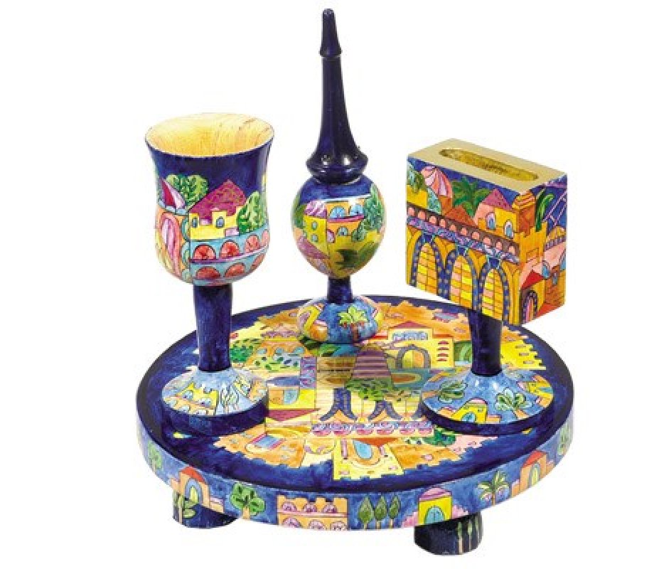 Hand-Painted 4-Piece Wood Havdalah Set, Golden Jerusalem - Yair Emanuel