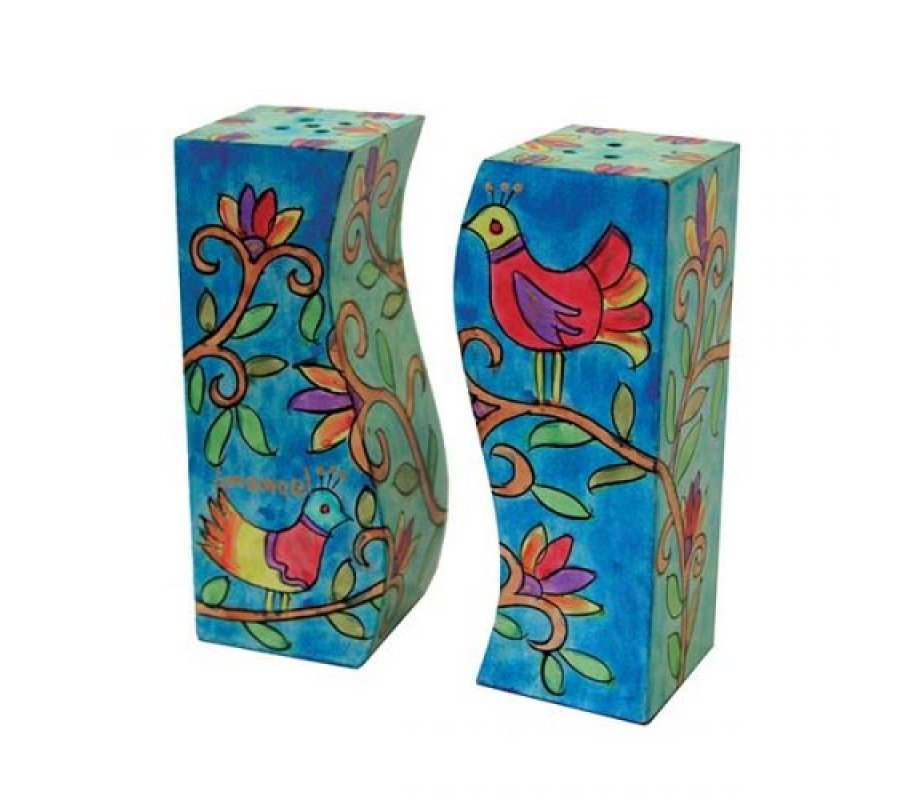 Hand-Painted Bird Design Wood Fitted Salt & Pepper Shaker - Yair Emanuel