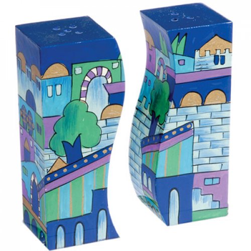 Hand-Painted Blue Jerusalem Wood Fitted Salt & Pepper Shaker - Yair Emanuel