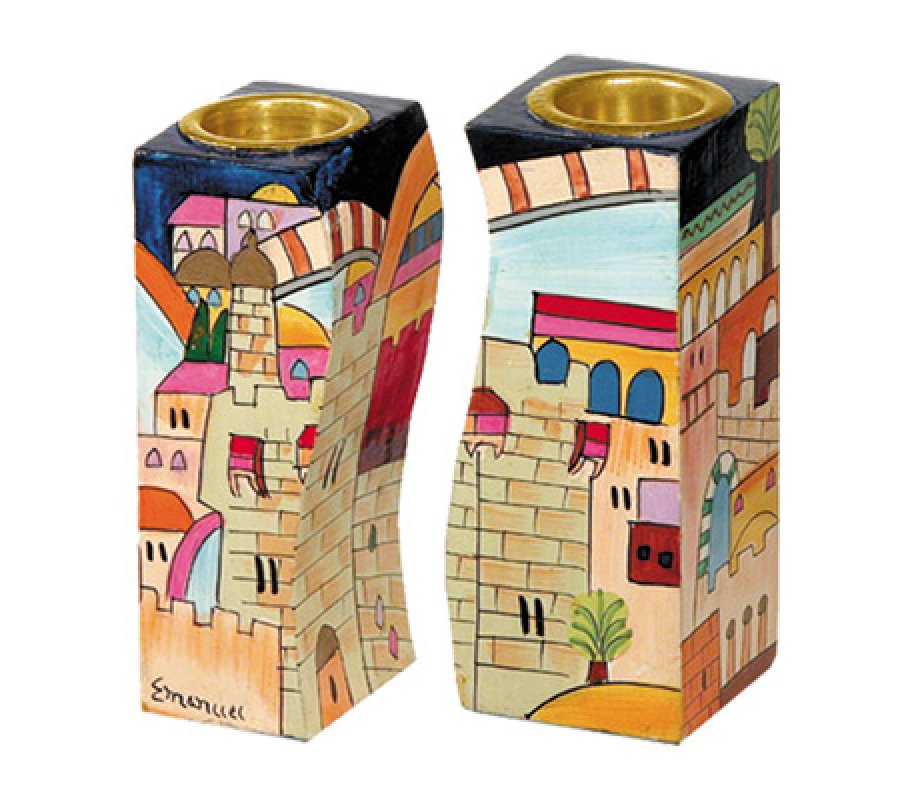 Hand-Painted Wood Fitted Candlesticks, Colorful Jerusalem Views - Yair Emanuel