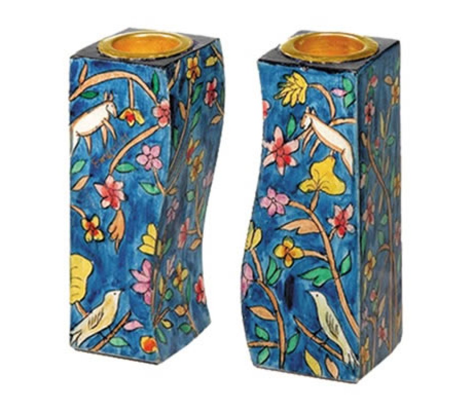 Hand-Painted Wood Fitted Candlesticks, Forest Scene - Yair Emanuel
