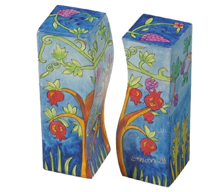 Hand-Painted Wood Fitted Salt & Pepper Shaker, Pomegranates - Yair Emanuel