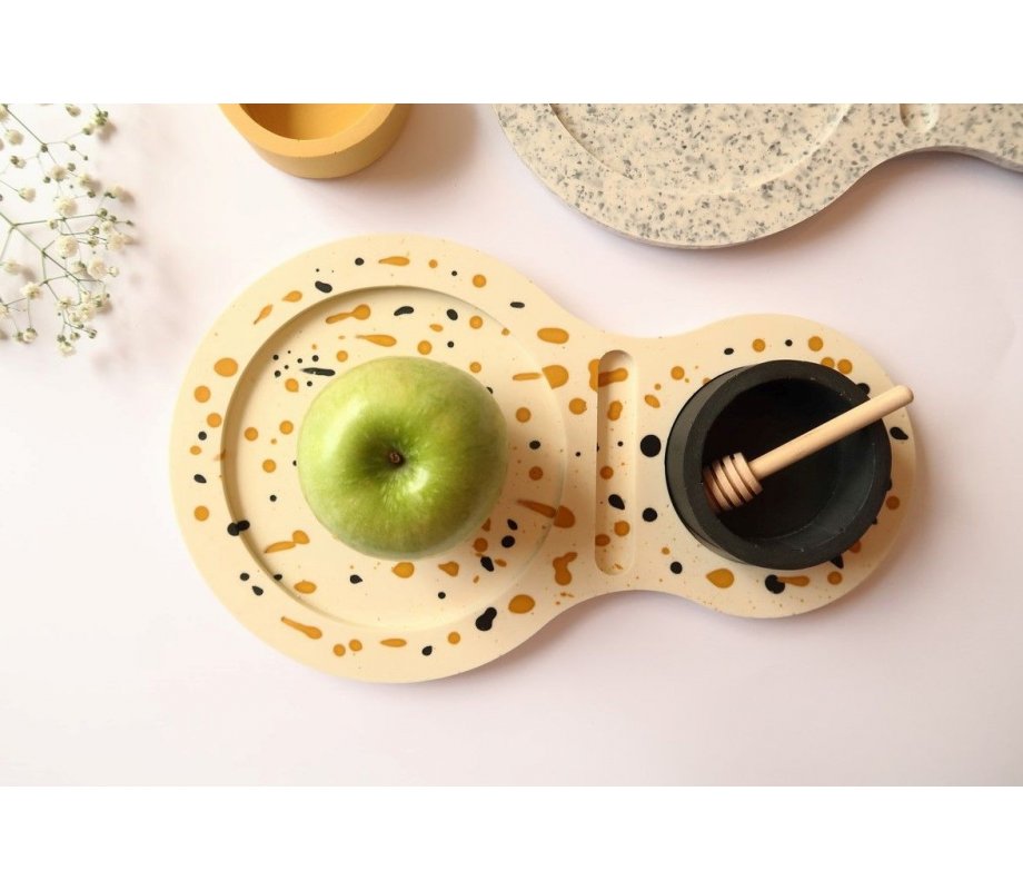 Handcrafted Apple Tray with Abstract Design and Black Honey Dish - Graciela Noemi