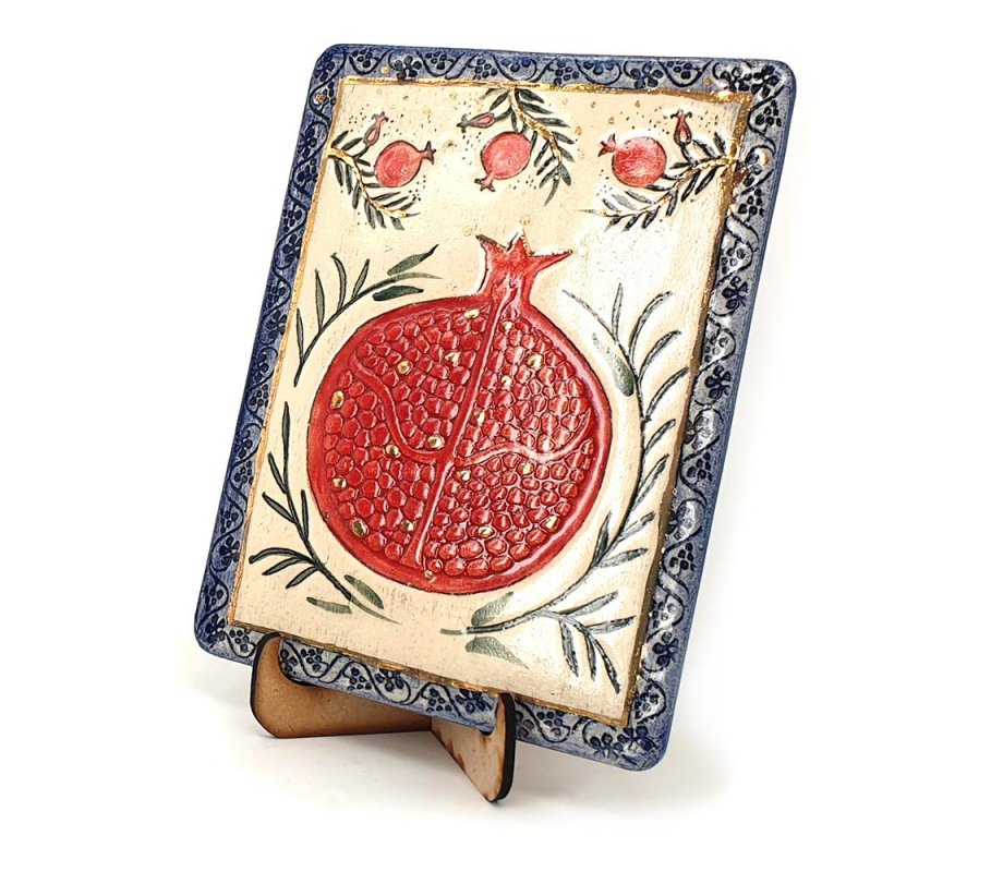 Handcrafted Ceramic 24K Gold Decorated Plaque, Pomegranates - Art in Clay