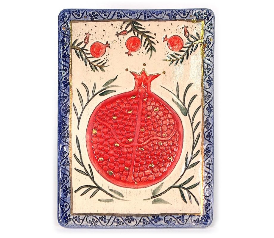 Handcrafted Ceramic 24K Gold Decorated Plaque, Pomegranates - Art in Clay