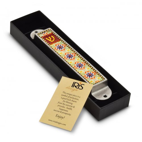 Handcrafted Ceramic Beaded Colorful Mezuzah Case, Flowers - Iris Design