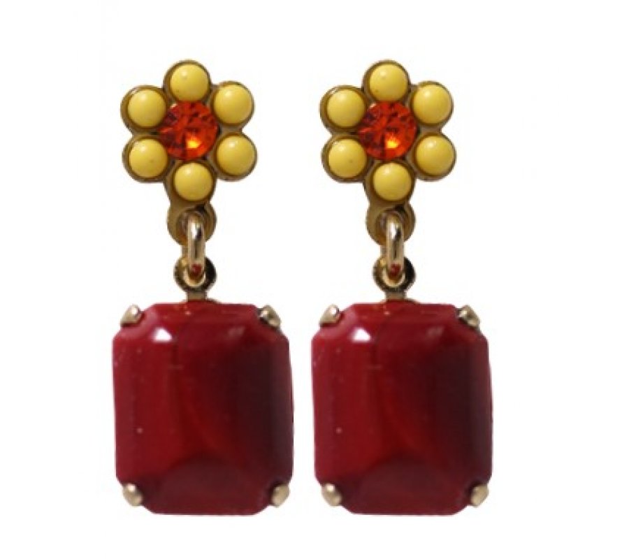 Handcrafted Flower Pot Post Earrings , Ruby Red and Gold - Amaro