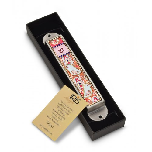 Handcrafted Pewter & Enamel Beaded Colorful Mezuzah Case, Love Birds - Iris Design