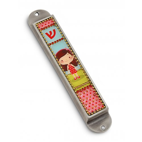 Handcrafted Pewter & Enamel Beaded Kids Mezuzah Case, Young Girl - Iris Design