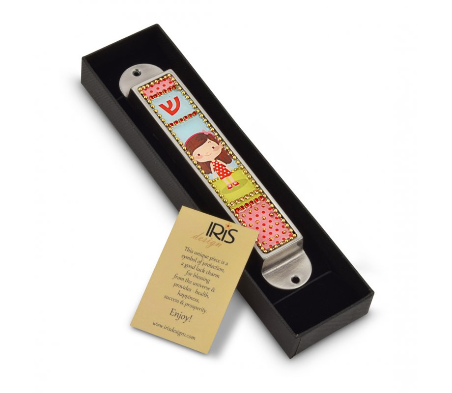 Handcrafted Pewter & Enamel Beaded Kids Mezuzah Case, Young Girl - Iris Design