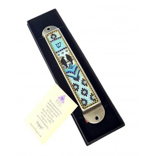 Handcrafted Pewter & Enamel Beaded Light blue Mezuzah Case, Love Birds - Iris Design