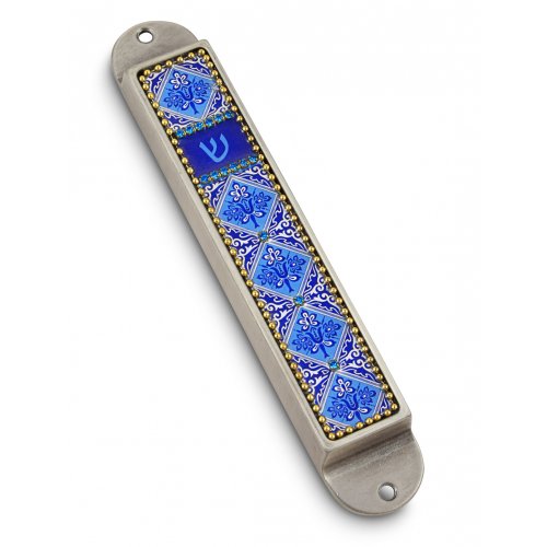 Handcrafted Pewter & Enamel Beaded Mezuzah Case, Blue Flowers - Iris Design