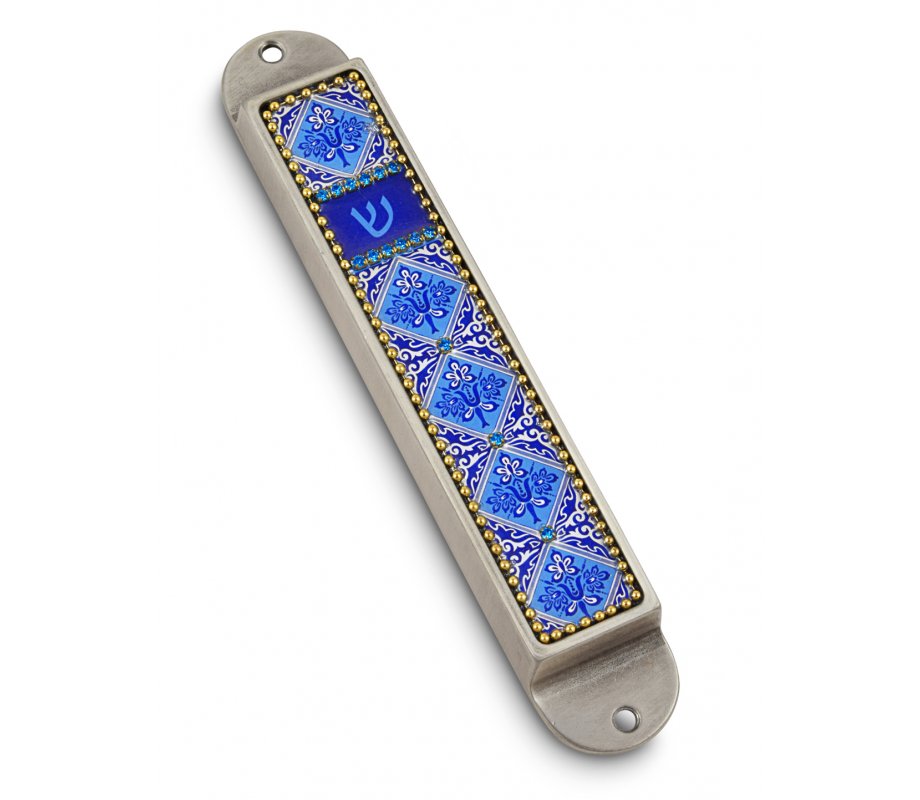 Handcrafted Pewter & Enamel Beaded Mezuzah Case, Blue Flowers - Iris Design