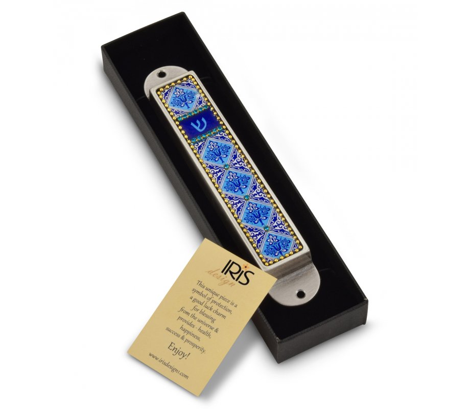 Handcrafted Pewter & Enamel Beaded Mezuzah Case, Blue Flowers - Iris Design