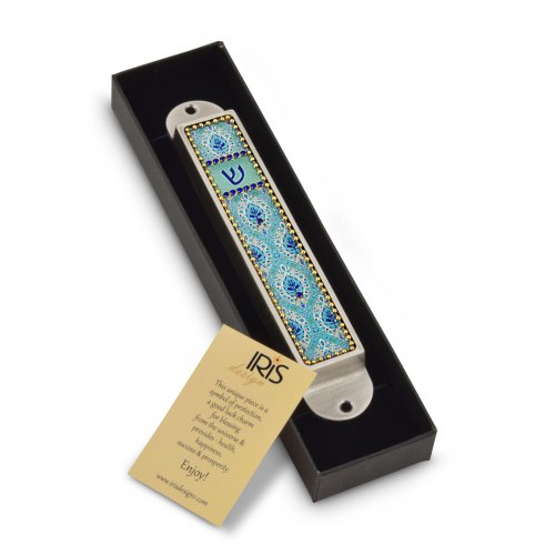 Handcrafted Pewter & Enamel Beaded Mezuzah Case, Floral Ovals - Iris Design