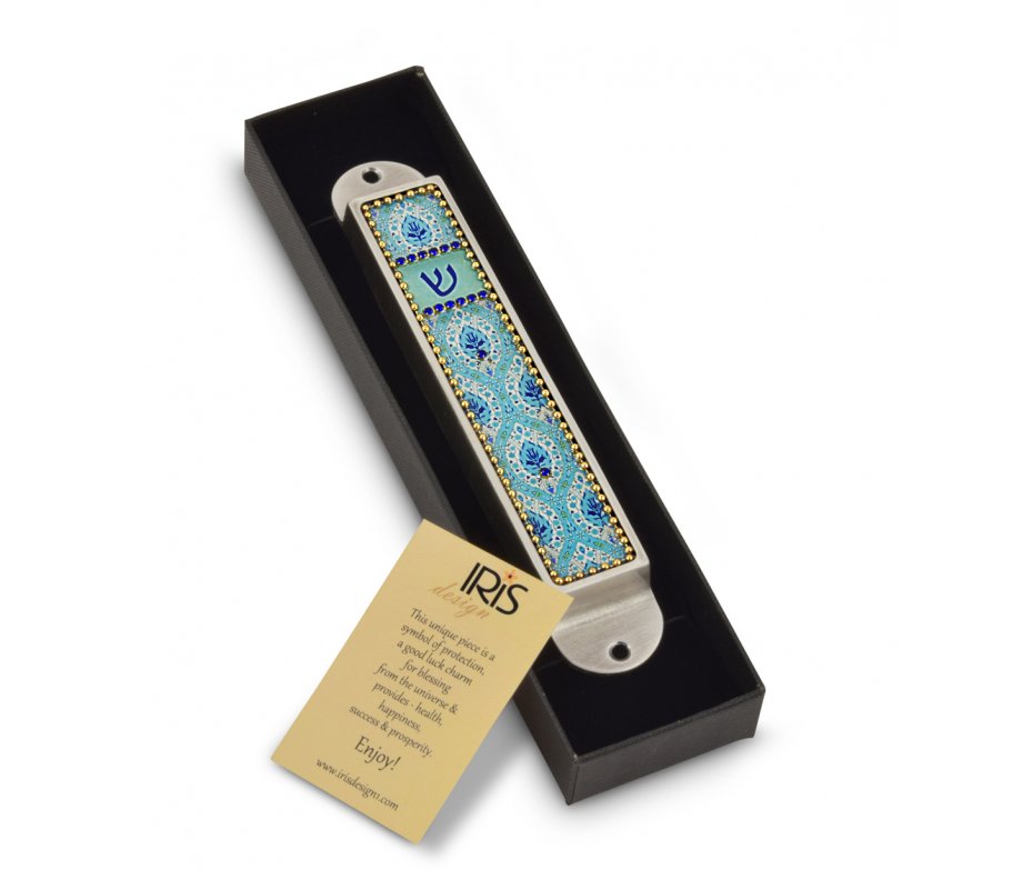 Handcrafted Pewter & Enamel Beaded Mezuzah Case, Floral Ovals - Iris Design