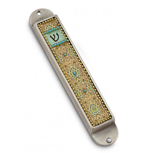 Handcrafted Pewter & Enamel Beaded Mezuzah Case, Flowers in Geometrics - Iris Design