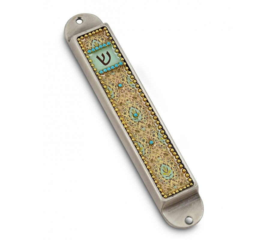 Handcrafted Pewter & Enamel Beaded Mezuzah Case, Flowers in Geometrics - Iris Design
