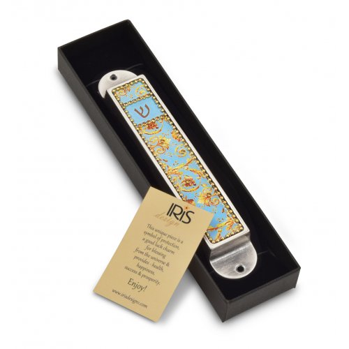 Handcrafted Pewter & Enamel Beaded Mezuzah Case, Golden Swirls - Iris Design