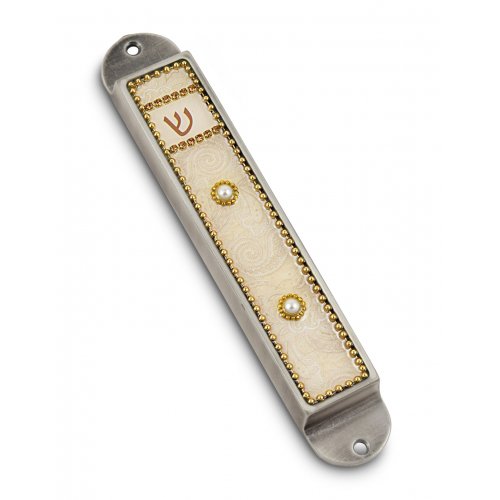 Handcrafted Pewter & Enamel Beaded Mezuzah Case, Pearls on Cream - Iris Design