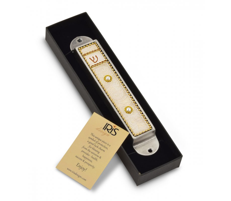 Handcrafted Pewter & Enamel Beaded Mezuzah Case, Pearls on Cream - Iris Design