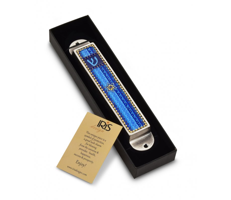 Handcrafted Pewter Beaded Mezuzah Case Blue, Star of David - Iris Design