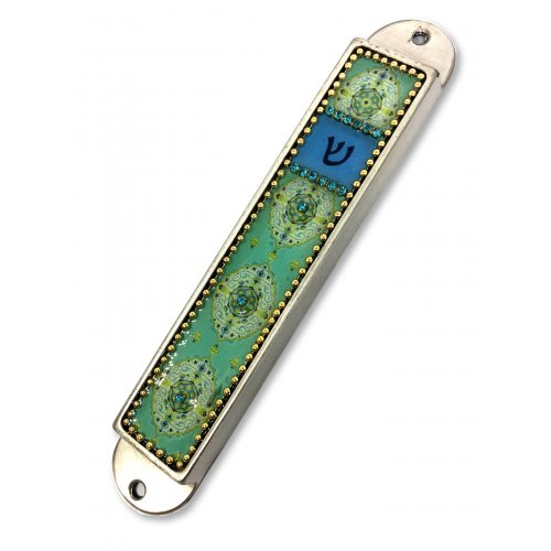 Handcrafted Pewter Enamel Beaded Mezuzah Case, Oriental Design - Iris Design