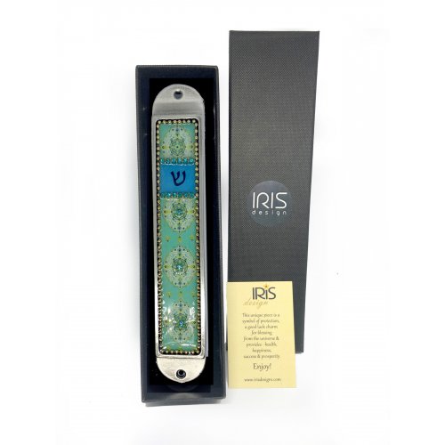 Handcrafted Pewter Enamel Beaded Mezuzah Case, Oriental Design - Iris Design