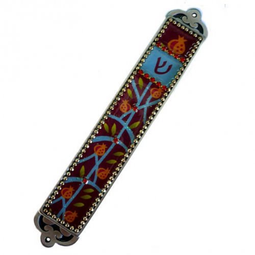 Handcrafted Pewter Enamel Beaded Mezuzah Case, Pomegranates - Iris Design