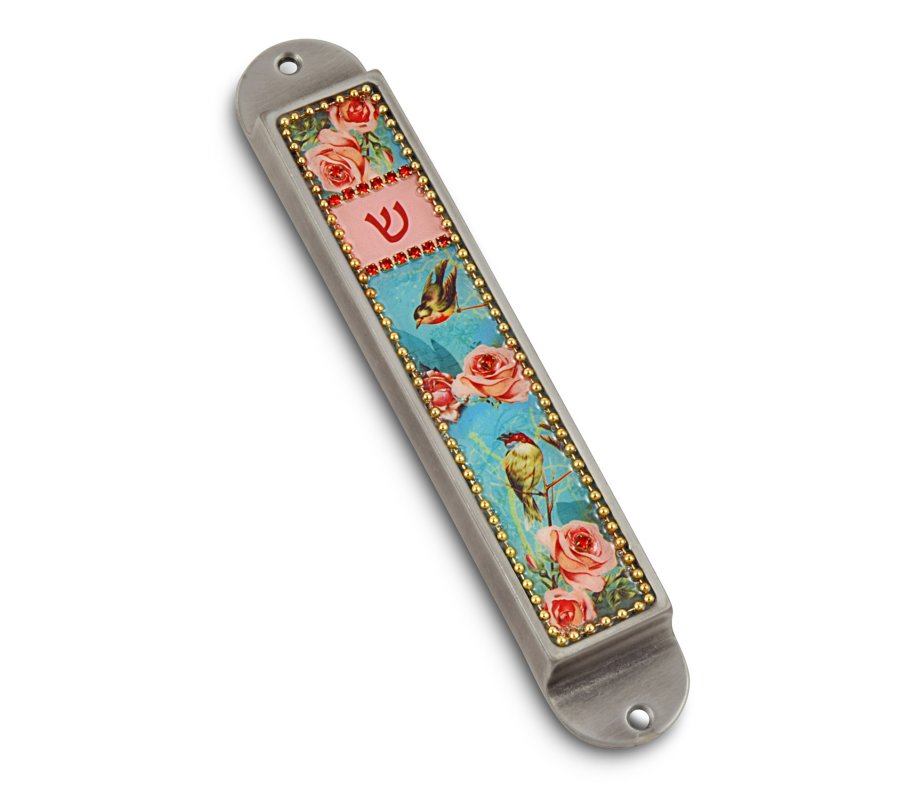 Handcrafted Pewter Enamel Beaded Mezuzah Case, Roses and Birds - Iris Design
