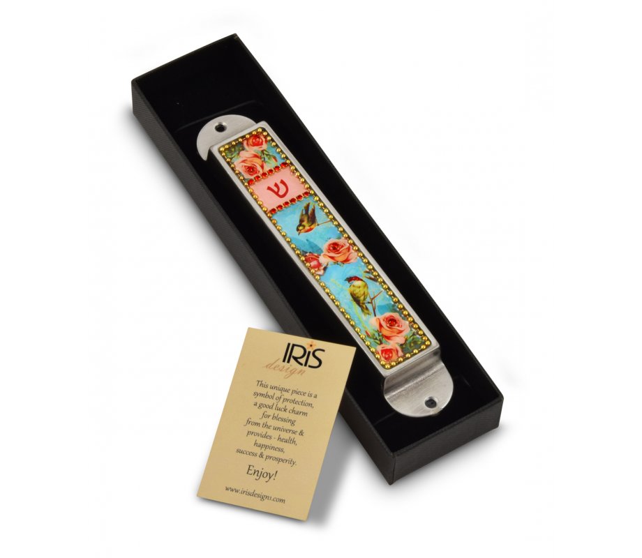 Handcrafted Pewter Enamel Beaded Mezuzah Case, Roses and Birds - Iris Design