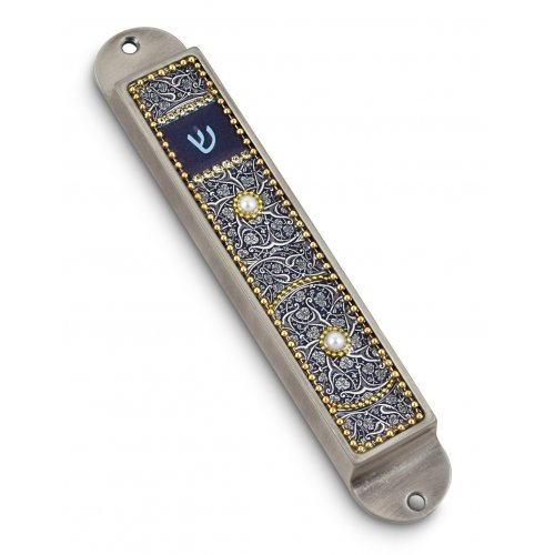 Handcrafted Pewter and Enamel Beaded Mezuzah Case, Dark Blue Swirls - Iris Design