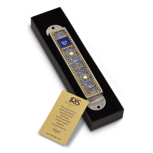 Handcrafted Pewter and Enamel Beaded Mezuzah Case, Dark Blue Swirls - Iris Design