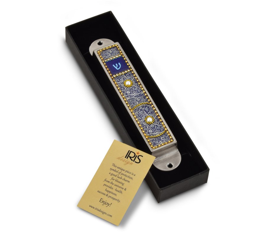 Handcrafted Pewter and Enamel Beaded Mezuzah Case, Dark Blue Swirls - Iris Design