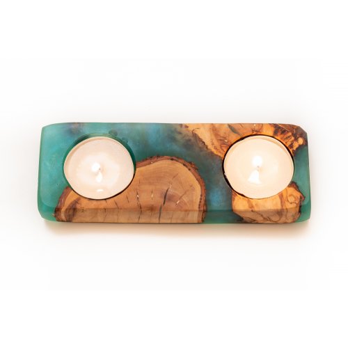 Handcrafted Shabbat Candle Holders from Israeli from Olive Wood and Epoxy - Eial Ovin