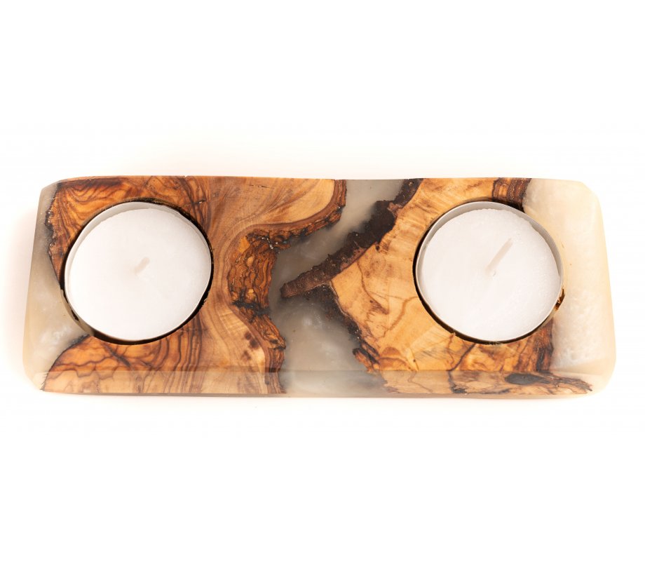 Handcrafted Shabbat Candle Holders from Israeli from Olive Wood and Epoxy - Eial Ovin
