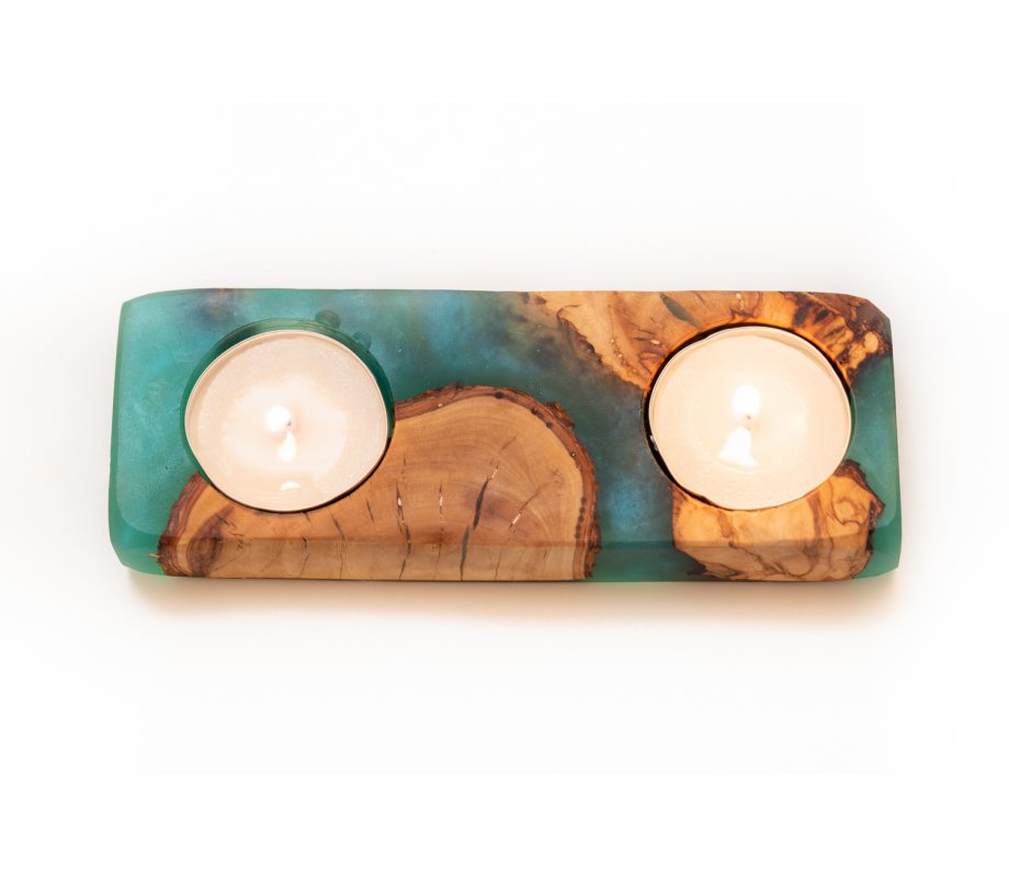 Handcrafted Shabbat Candle Holders from Israeli from Olive Wood and Epoxy - Eial Ovin