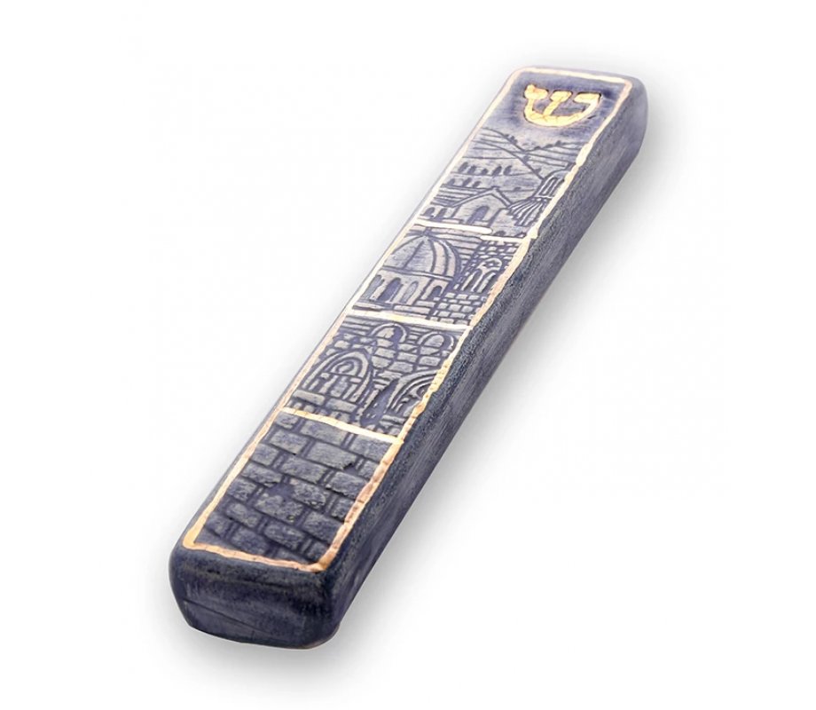 Handmade Ceramic Mezuzah Case, Jerusalem and Western Wall - Art in Clay